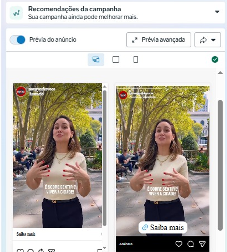 Print do anúncio ativo AD 02 Quer viver NY como ninguém, com preview do criativo e CTA Saiba mais
