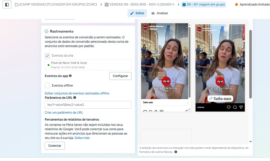 Print ampliado do anúncio ativo principal com vídeo vertical da Nova York & Você