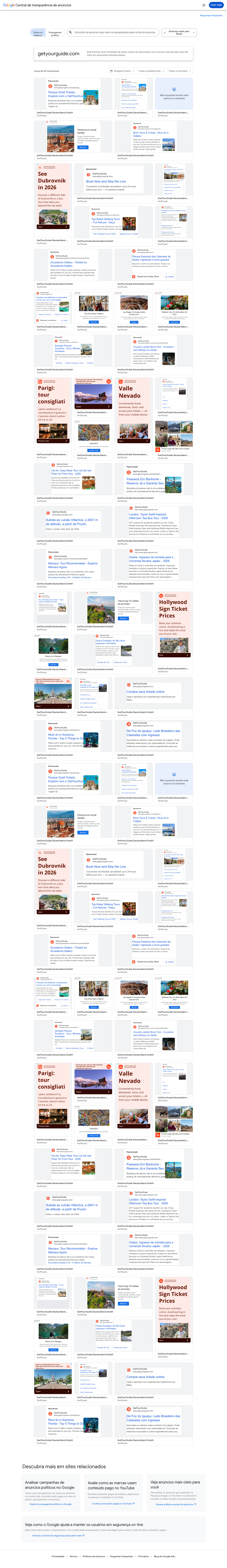 Print real da Central de Transparência do Google com anúncios da GetYourGuide no Brasil