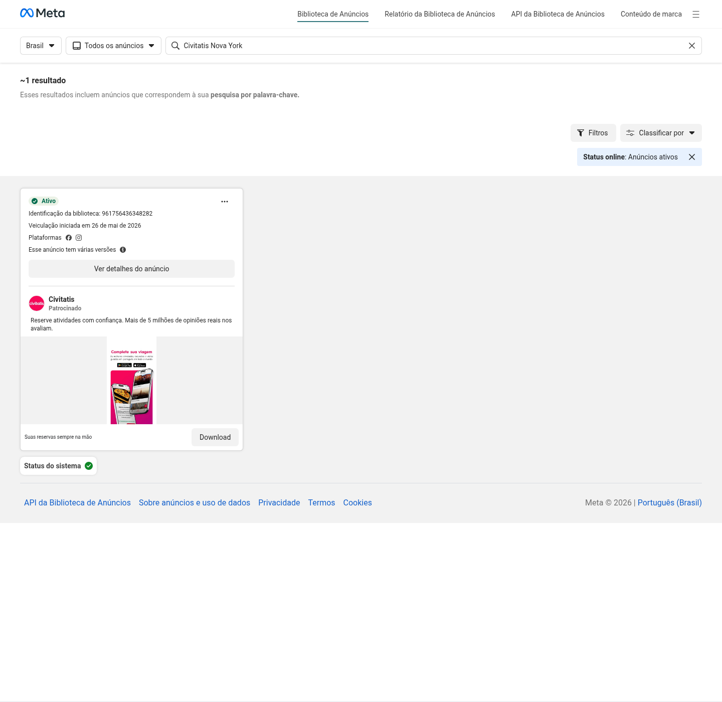 Print real da Meta Ads Library com anúncio ativo da Civitatis para Nova York