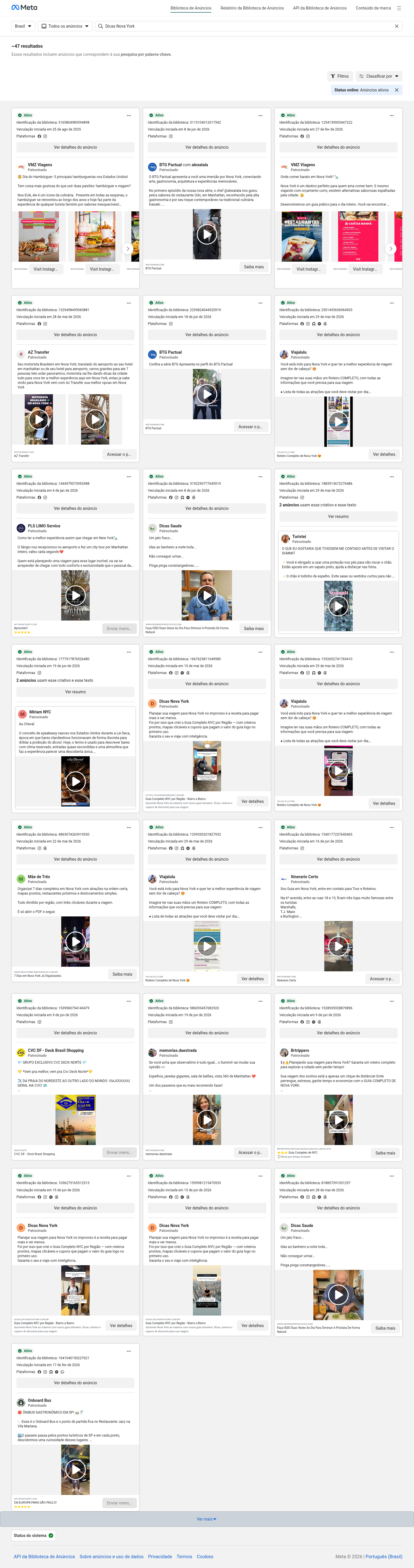 Print real da Meta Ads Library com anúncios ativos para a busca Dicas Nova York